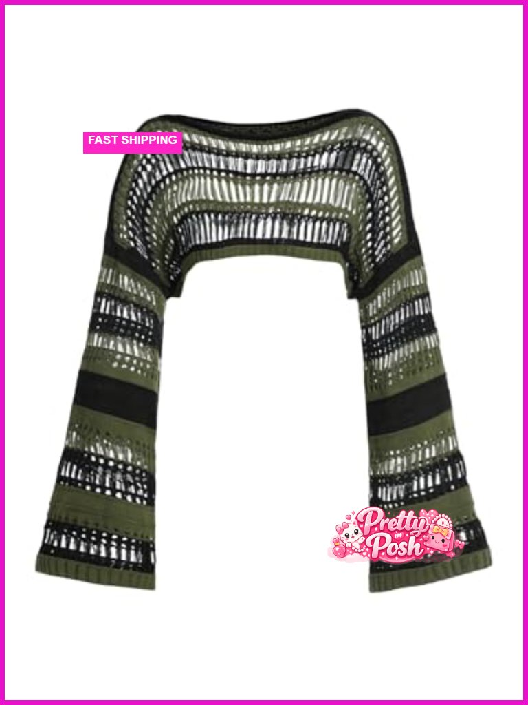 Crochet Shrug Striped Hollow Out Boat Neck Bell Sleeve Pullover Beach Cover Up
